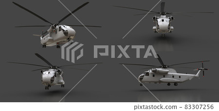 Set military transport or rescue helicopter on grey background. 3d illustration. Set military transport or rescue helicopter on grey background. 3d illustration. 83307256