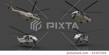 Set military transport or rescue helicopter on grey background. 3d illustration. Set military transport or rescue helicopter on grey background. 3d illustration. 83307260