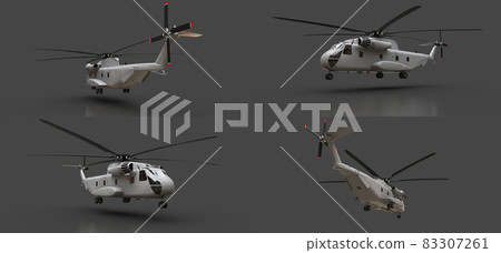 Set military transport or rescue helicopter on grey background. 3d illustration. 83307261
