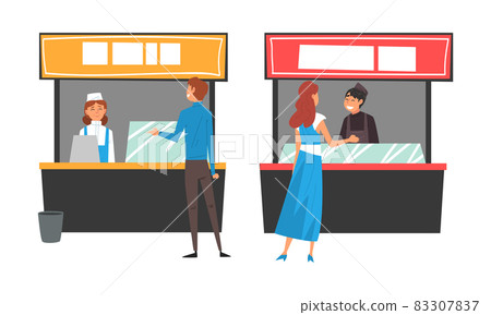People Character Ordering and Buying Meal at Food Court in Shopping Mall Vector Set People Character Ordering and Buying Meal at Food Court in Shopping Mall Vector Set 83307837