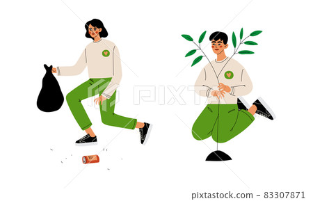 Man and Woman Volunteer Planting Tree and Collecting Garbage Engaged in Freely Labour Activity for Community Service Vector Set Man and Woman Volunteer Planting Tree and Collecting Garbage Engaged in Freely Labour Activity for Community Service Vector Set 83307871