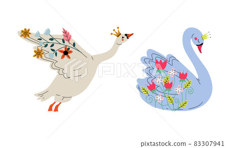 Beautiful Swan Princess with Golden Crown and Flower Decoration Vector Set 83307941