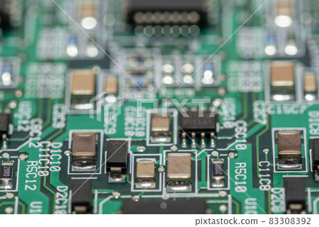 oktober 2021. Close up of the different circuits on a computer mother board. 83308392