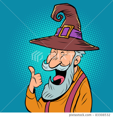 an old man in a halloween hat with a gray beard laughs. Positive elderly senor 83308532