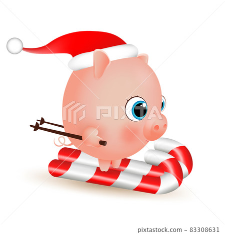 little pig goes skiing in a Santa Claus hat 83308631
