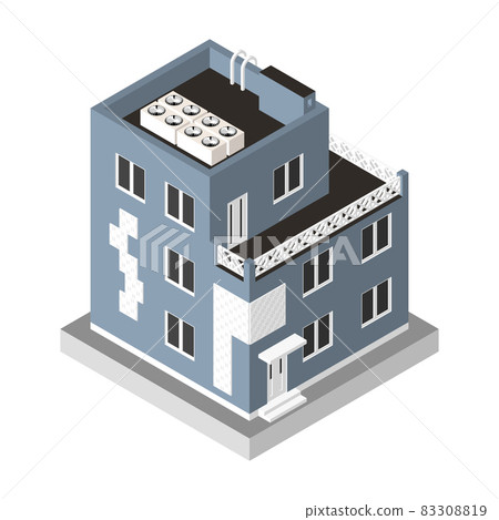 Isometric icon modern house. Urban dwelling Building with a windows and air-conditioning. 83308819