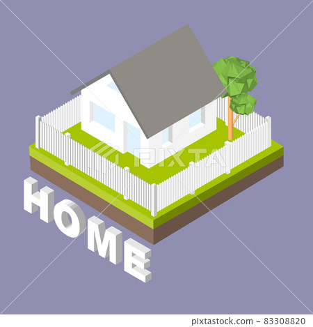 Isometric 3D icon. Pictograms house with a white fence and trees. Vector illustration eps 10 83308820