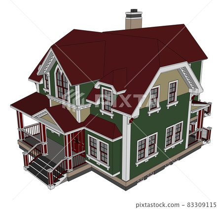 Old house in Victorian style. Illustration on white background. Species from different sides. 83309115