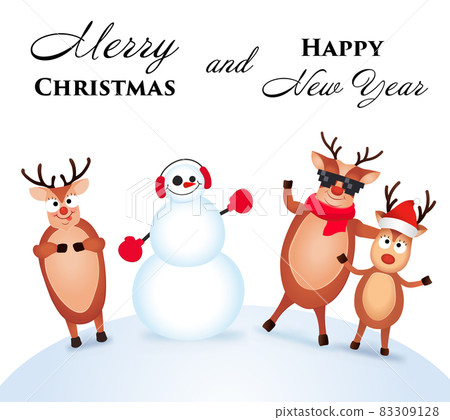 Christmas Reindeer. Cute and funny character Deer and Snowman. Christmas card. Vector illustration. 83309128