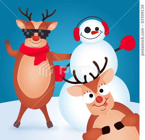 Christmas Reindeer. Cute and funny character Deer and Snowman. Christmas card. Vector illustration. 83309130