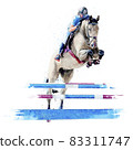 Jockey on horse. White Horse. Champion. Horse riding. Equestrian sport. Jockey riding jumping horse. Poster. Sport. White background. Isolated watercolor Illustration 83311747
