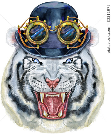 Hand drawn Tiger. Watercolor drawing white tiger head, blue eyes with hat bowler and steampunk glasses 83311972