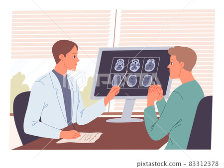 Doctor receives the patient and examines his MRI scan 83312378