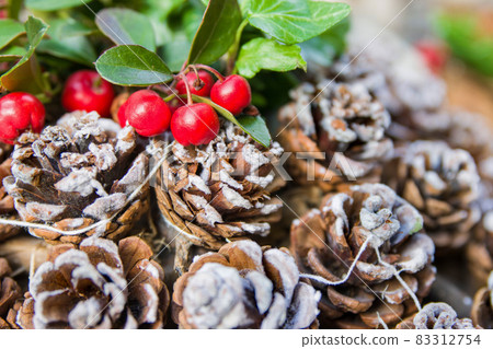 red Christmas berries and cones on the snow 83312754