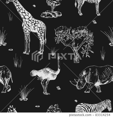Seamless pattern safari wildlife isolated on black background. African animals giraffe, ostrich, rhinoceros, zebra in chalk style. Textile design monochrome print of savannah. Seamless pattern safari wildlife isolated on black background. African animals giraffe, ostrich, rhinoceros, zebra in chalk style. Textile design monochrome print of savannah. 83314254
