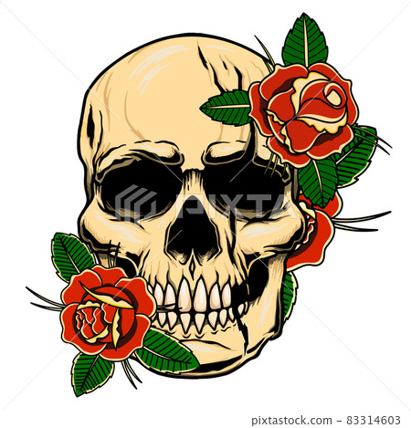 Illustration of vintage human skull with roses. Design element for poster, card, banner, sign. Vector illustration 83314603