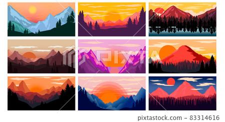 Set of poster template with wild mountains landscape. Design element for banner, flyer, card. Vector illustration Set of poster template with wild mountains landscape. Design element for banner, flyer, card. Vector illustration 83314616