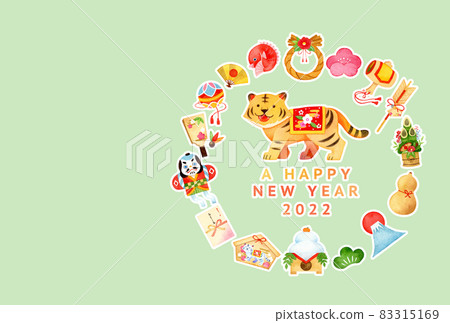 手繪水彩｜新年2022虎年橫版賀年卡虎，綠色背景 83315169