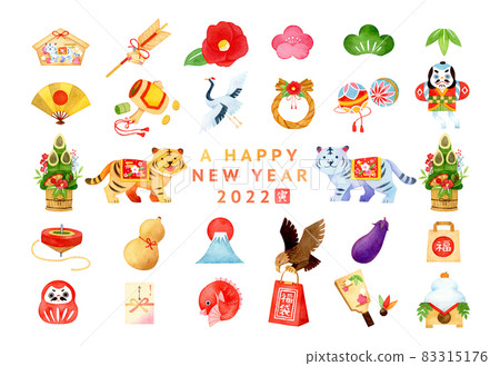 手繪水彩|新年2022虎年賀年卡插畫套裝 手繪水彩|新年2022虎年賀年卡插畫套裝 83315176
