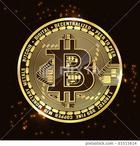 Vector drawing, golden bitcoin coin on black background with bright glowing highlights and flashes Vector drawing, golden bitcoin coin on black background with bright glowing highlights and flashes 83315614