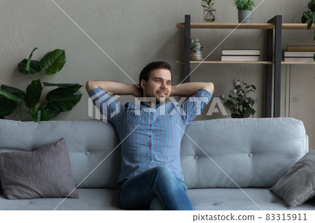 Smiling man sitting relaxing on cozy couch, visualizing future 83315911