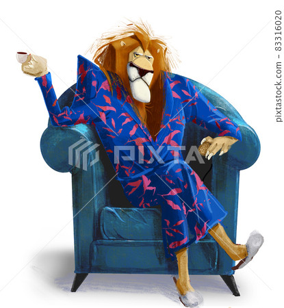 cute lion on armchair with coffee cup cute lion on armchair with coffee cup 83316020