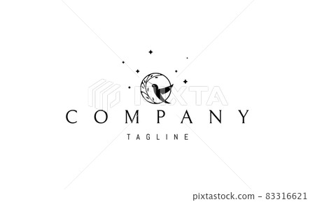 Vector logo on which an abstract image of a hummingbird flying to the moon from leaves. Vector logo on which an abstract image of a hummingbird flying to the moon from leaves. 83316621