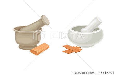 Mortar and Pestle for Sandalwood Bark Milling Vector Set 83316891