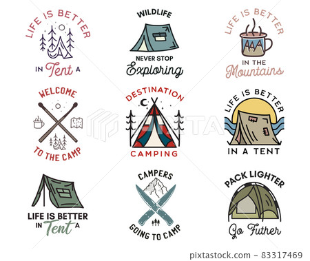 Camping adventure badges logos set, Vintage travel emblems. Hand drawn line art stickers designs bundle. Hiking expedition, campers quotes labels. Outdoor camper insignias. Stock set 83317469