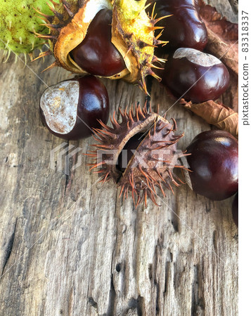 autumn background with horse chestnuts and leaves on the wooden table with copy space 83318337