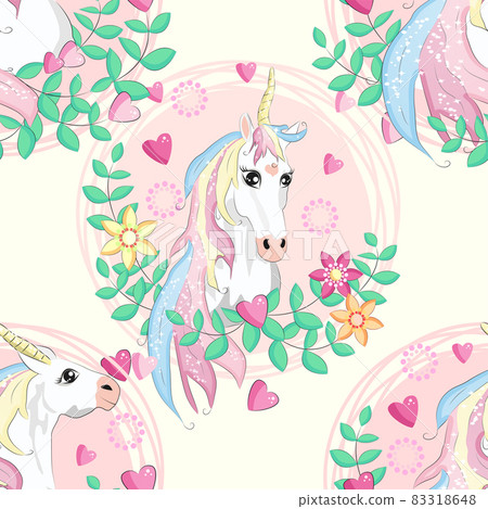 pattern with cute unicorns, clouds,rainbow and stars. Magic background with little unicorns. 83318648