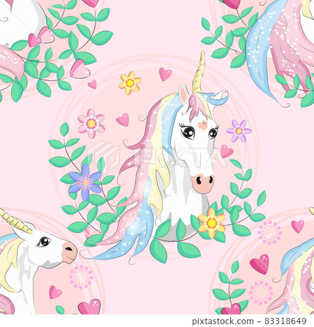 pattern with cute unicorns, clouds,rainbow and stars. Magic background with little unicorns. 83318649