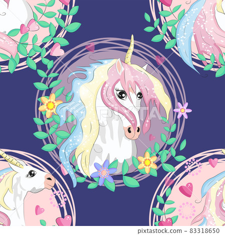 pattern with cute unicorns, clouds,rainbow and stars. Magic background with little unicorns. 83318650