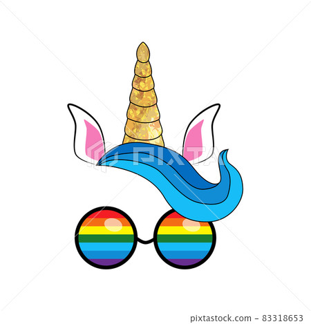 Cute unicorn with floral wreath, with glasses and gold glitter elements. 83318653