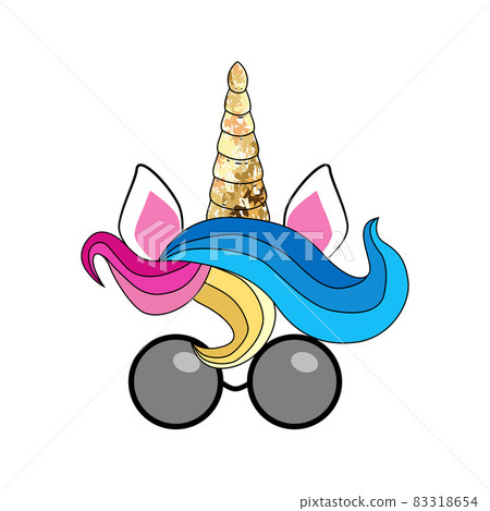 Cute unicorn with floral wreath, with glasses and gold glitter elements. 83318654
