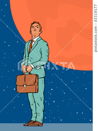 A businessman dreams of flying to the planet Mars 83319177