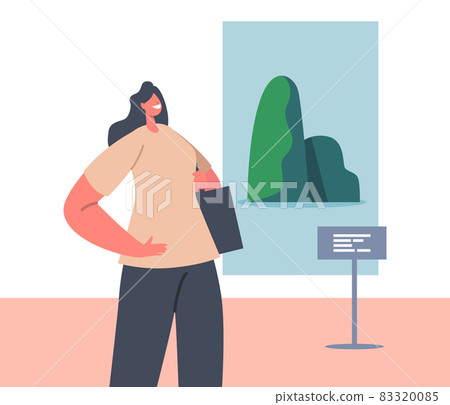 Female Character in Museum with Modern Artworks. Woman in Art Gallery Watching and Enjoying Contemporary Exhibition Female Character in Museum with Modern Artworks. Woman in Art Gallery Watching and Enjoying Contemporary Exhibition 83320085