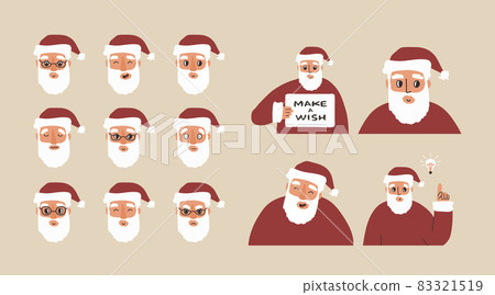 Set of Santa Claus emotions, avatars. Hand drawn vector illustrations isolated on beige background. New idea, board with text, laughter, laugh concepts Set of Santa Claus emotions, avatars. Hand drawn vector illustrations isolated on beige background. New idea, board with text, laughter, laugh concepts 83321519