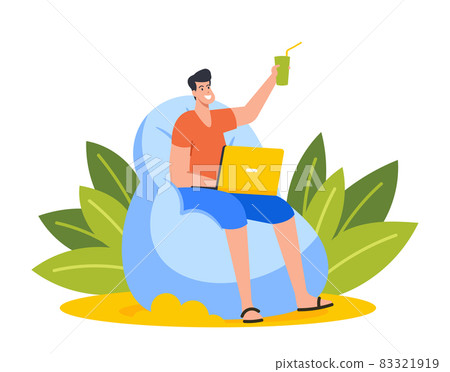 Businessman Character in Summer Wear Sitting on Beanbag Chair with Laptop and Cocktail Working on Exotic Tropical Beach 83321919