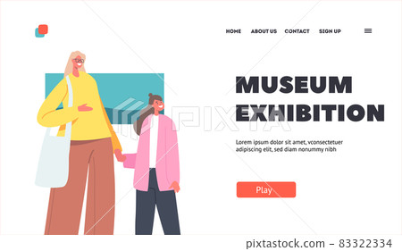 Museum Exhibition Landing Page Template. Mother and Daughter in Art Gallery, Woman with Girl Enjoy Watching Artwork Museum Exhibition Landing Page Template. Mother and Daughter in Art Gallery, Woman with Girl Enjoy Watching Artwork 83322334