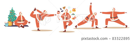 Set of Santa Claus Doing Yoga Poses. Christmas Character Meditate and Relax at Xmas Tree. Winter Holiday Sport 83322895