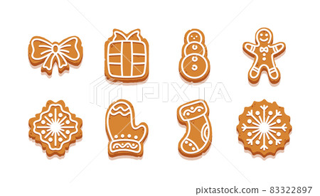Gingerbread Christmas Cookies, Cartoon Sweets in Shape of Bow, Gift Box, Snowman and Ginger Man. Decorated Snowflake Gingerbread Christmas Cookies, Cartoon Sweets in Shape of Bow, Gift Box, Snowman and Ginger Man. Decorated Snowflake 83322897