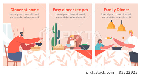 Happy Family Dining Posters. Characters Mother Father and Kids Having Dinner Sit at Table with Food. People Eating Meals 83322922