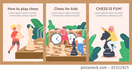 Kids Playing Chess in Club Banners. Children with Huge Figures on Chessboard Enjoying Logic Activities and Game Kids Playing Chess in Club Banners. Children with Huge Figures on Chessboard Enjoying Logic Activities and Game 83322925