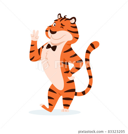 Cool cartoon winking tiger with victory sign isolated on white background. Adorable orange striped successful wildcat showing win two fingers hand gesture. Smiling animal character vector illustration Cool cartoon winking tiger with victory sign isolated on white background. Adorable orange striped successful wildcat showing win two fingers hand gesture. Smiling animal character vector illustration 83323205
