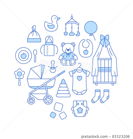 Thin line baby background circle concept isolated on white. Outline kids accessories icons set. Clothes crib stroller diaper toy rattle design for baby shower greeting card, store vector illustration. Thin line baby background circle concept isolated on white. Outline kids accessories icons set. Clothes crib stroller diaper toy rattle design for baby shower greeting card, store vector illustration. 83323206