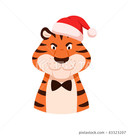 Cartoon angry tiger in Santa hat portrait isolated on white background. Cute dissatisfied wild cat. Chinese symbol of New Year 2022. Christmas holiday color animal head character vector illustration. 83323207