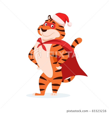 Happy smiling tiger in Santa hat and superhero mantle. Standing cartoon comic character New Year symbol. Orange striped wildcat. Flat style holiday Christmas power super hero illustration. 83323216