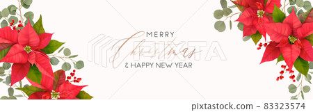 Merry Christmas and Happy New Year header for website. Xmas realistic Poinsettia flower vector banner Merry Christmas and Happy New Year header for website. Xmas realistic Poinsettia flower vector banner 83323574