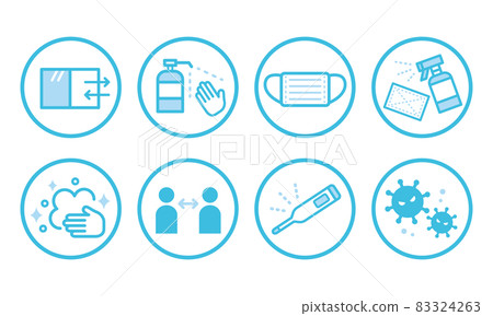 冠狀病毒感染預防圖標集藍色淺藍色感染控制實現 冠狀病毒感染預防圖標集藍色淺藍色感染控制實現 83324263